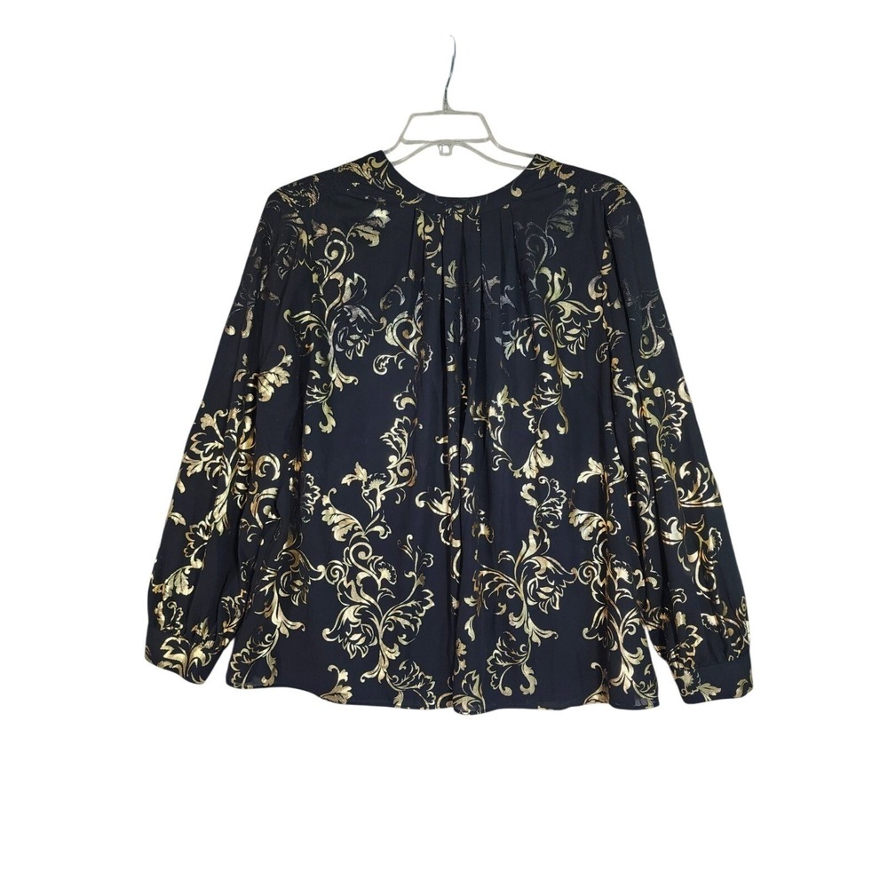 Worthington Woman 1X Black Gold Baroque Blouse Tie Neck Career Top Officecore